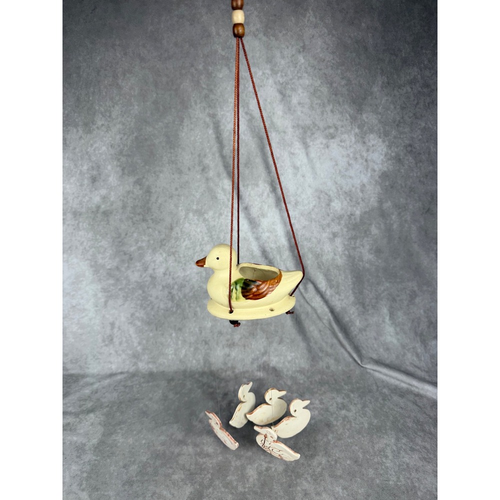 Vtg Ceramic Duck Wind Chime Mallard Planter Mobile Hanging Garden Decor Country